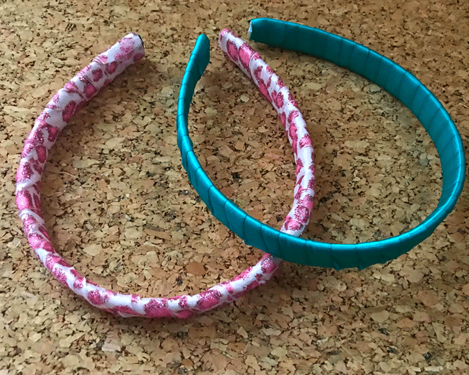 Two finished DIY ribbon headbands.