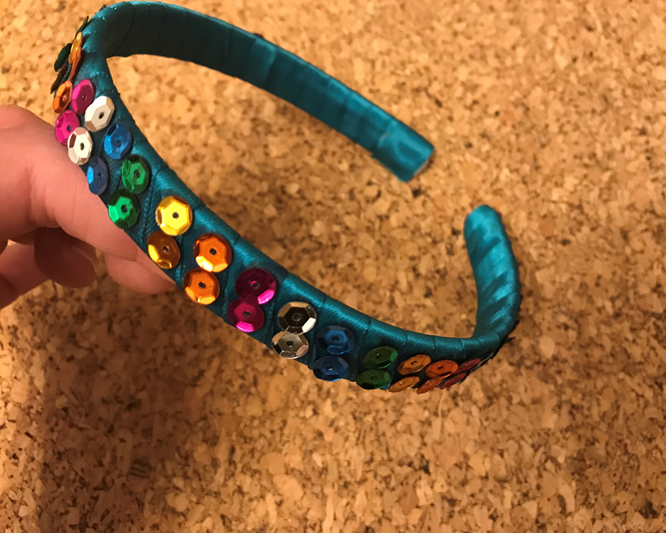 DIY headband, where sequins was added to a ribbon wrap.