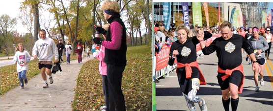 Callie Jane and her dad crossing the finish line together, paired with an early years photo of GOTR.