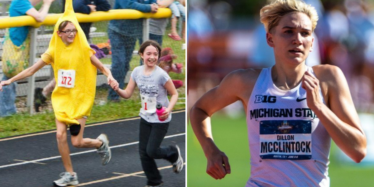 Two combined. On the left, two Girls on the Run participants are running outside on a track. One of them is coach Dillon (in her youth), who is showing how GOTR helped with unlocking the potential within by confidently running in costume. On the right, Dillon (as an adult), is showing her talent and potential by leading a race at the university level.