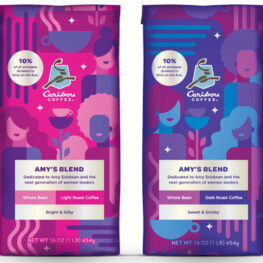 Two bags of colorful coffee available to purchase to support Girls on the Run