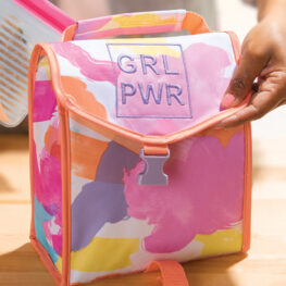Colorful lunch bag with snap available to purchase to support Girls on the Run