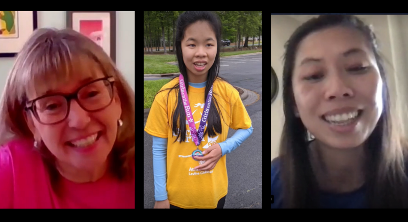 Two women and one girl in photo collage discussing Girls on the Run