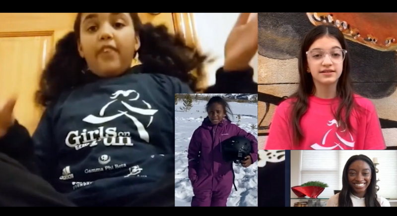 Collage of three young women sharing their dreams to Simone Biles, who is at the bottom right of the screen
