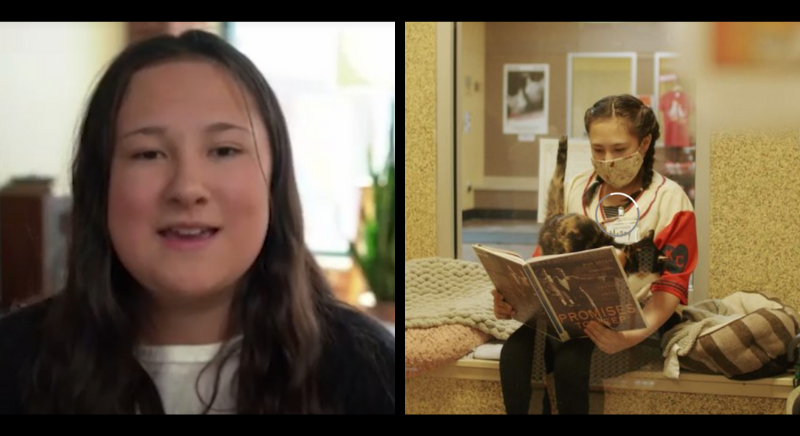 Closeup of young girl with long hair on left side, girl in mask reading to cats with book in hand on right side