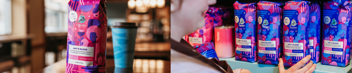 Bags of colorful ground coffee in a coffee shop