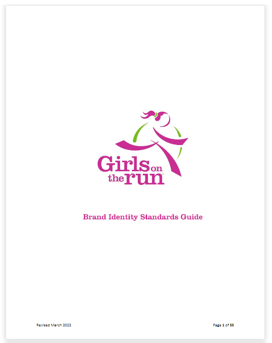 A document with the Girls on the Run logo and the text that says brand identity standards